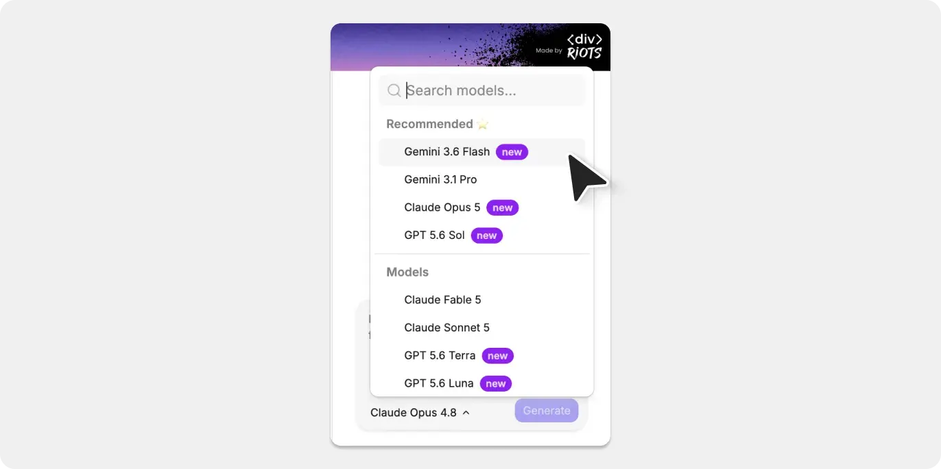 Screenshot of the ai.to.design model dropdown showing some of the newest models.