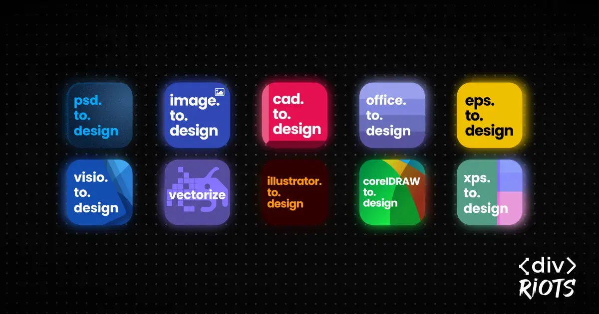 Logos of all file import plugins included in the divRIOTS anything.to.design suite.