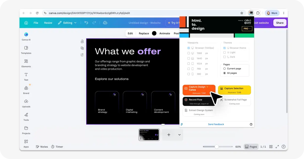 The html.to.design Chrome extension popup with the Capture button