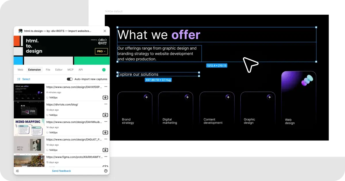 The html.to.design Figma plugin on the Extension tab with the editable designs behind it