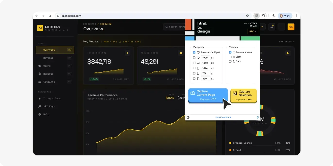 Screenshot of html.to.design browser extension capturing webpage as a Figma Make file.