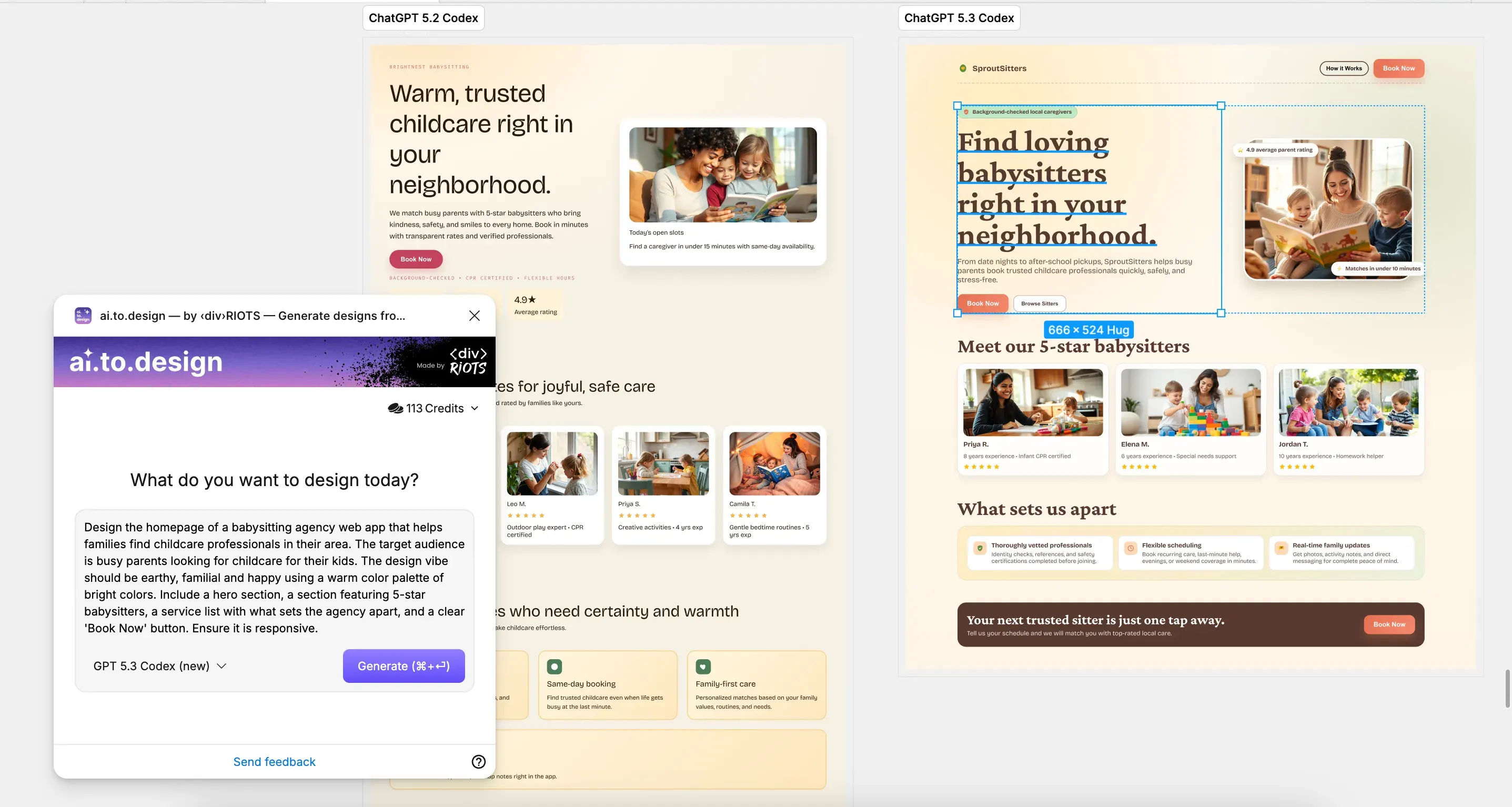 Screenshot of comparison of designs made with ChatGPT 5.2 and 5.3 Codex.