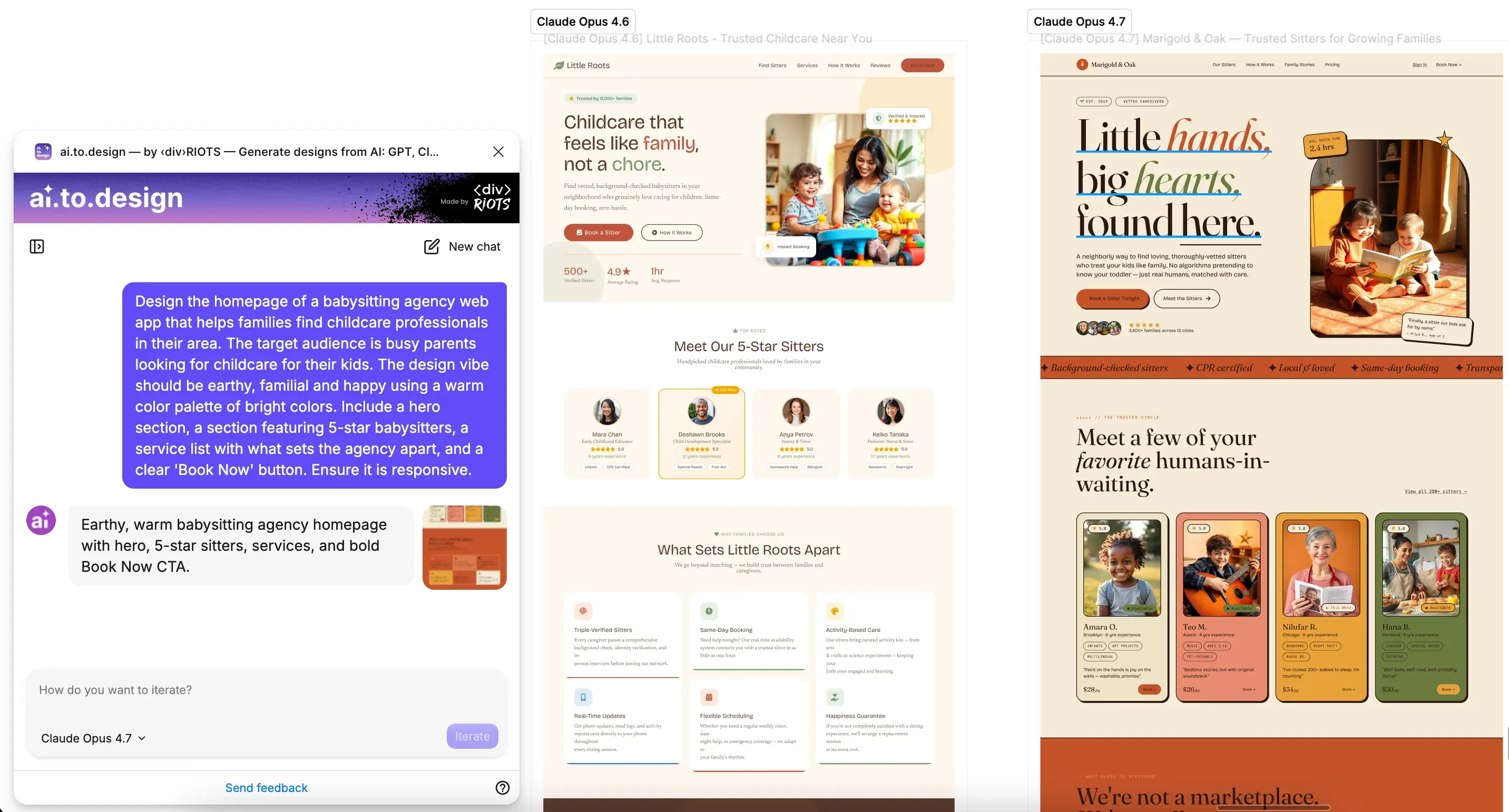Screenshot of comparison of designs made with Claude Opus 4.6 and 4.7.