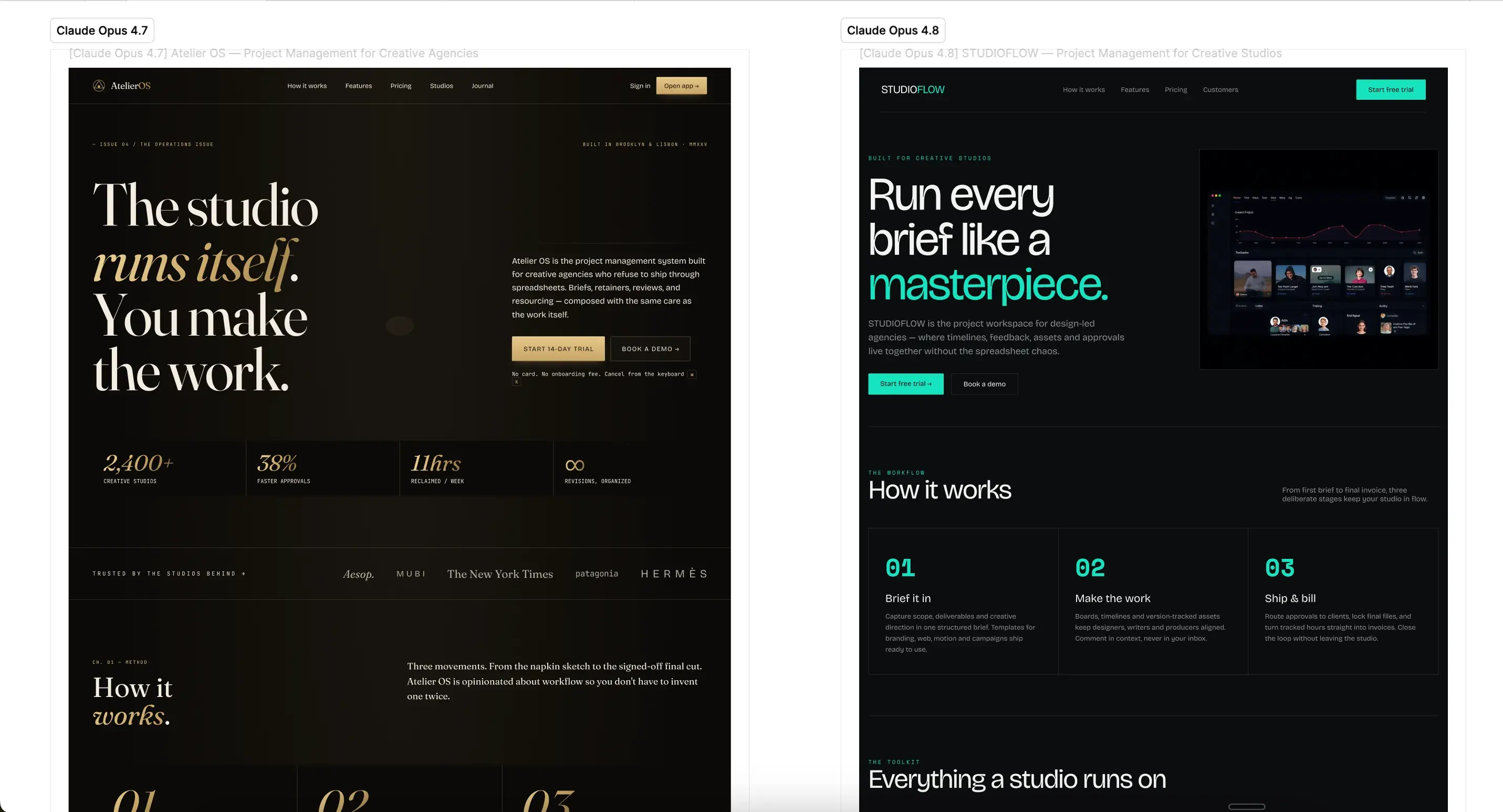 Screenshot of comparison of designs made with Claude Opus 4.7 and 4.8.