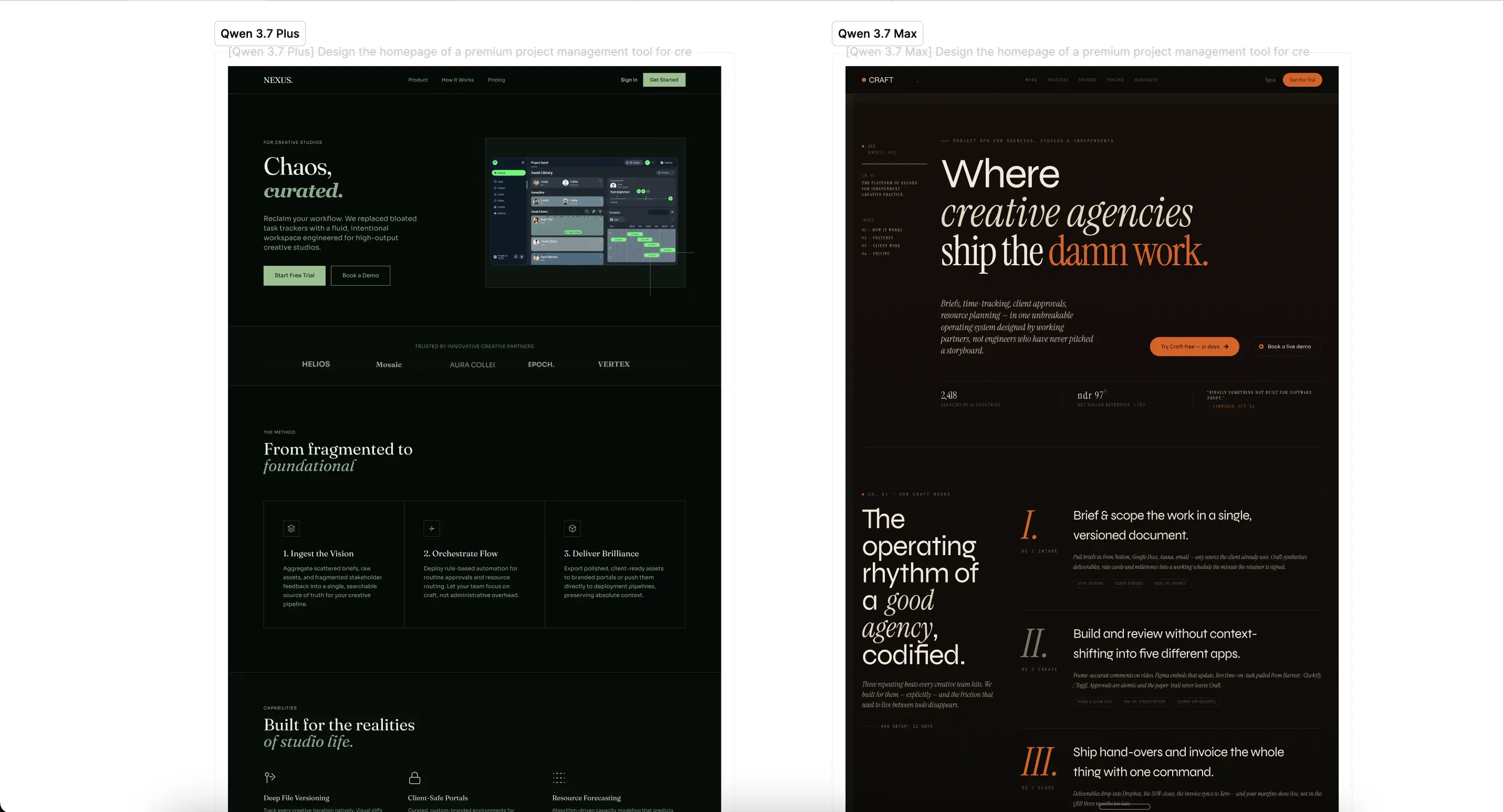 Screenshot of comparison of designs made with Qwen 3.7 Plus and Qwen 3.7 Max.