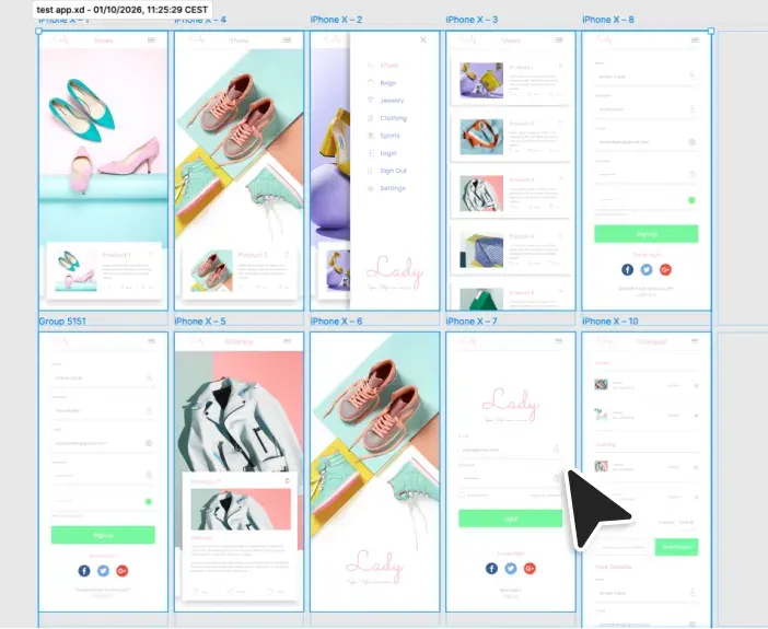 A grid of artboards imported from an XD file onto the Figma canvas.