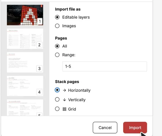 The import dialog: page thumbnails, range and stacking options.