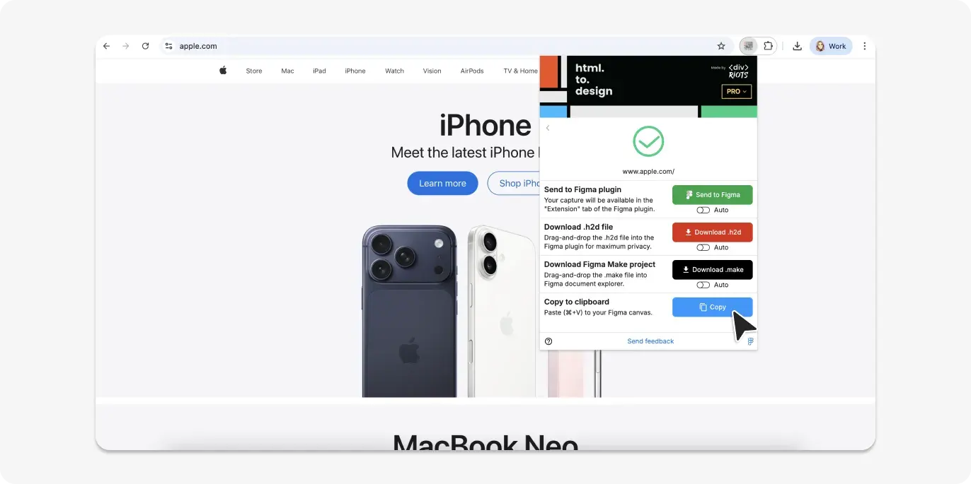 Screenshot of html.to.design browser extension copy to Figma option.