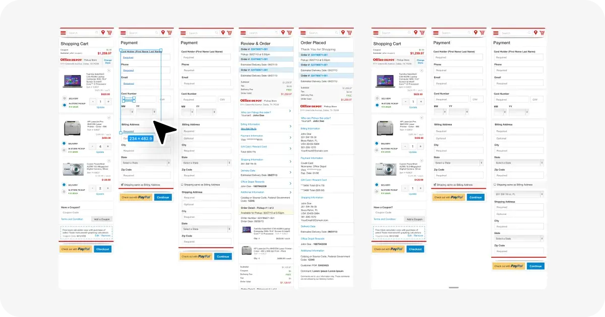 A converted multi-page Fireworks checkout flow in Figma, with a block of the payment form's fields selected.