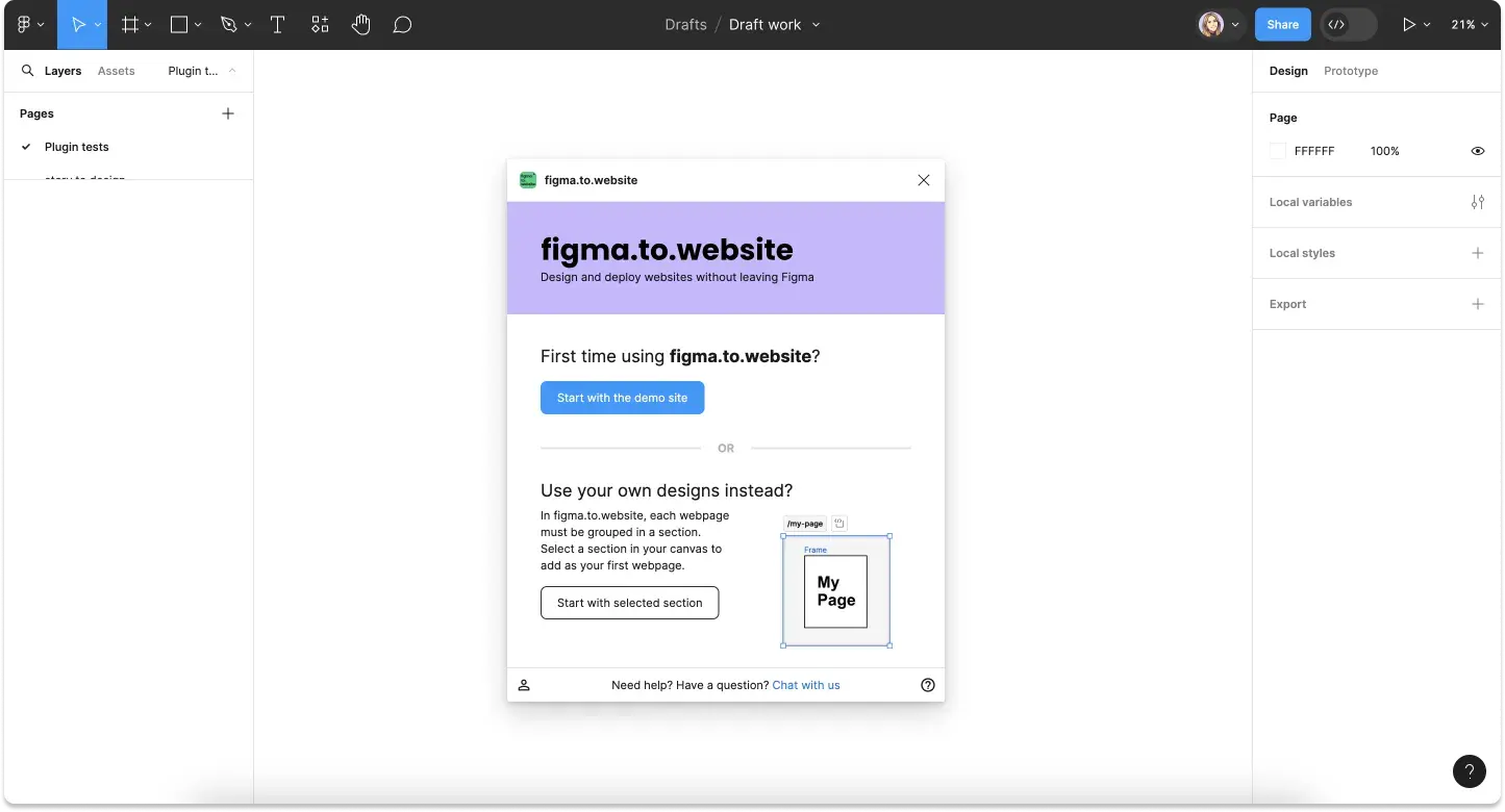 Welcome screen of the figma.to.website Figma plugin.