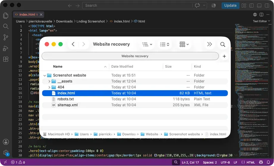 MacOS finder with an HTML file selected.