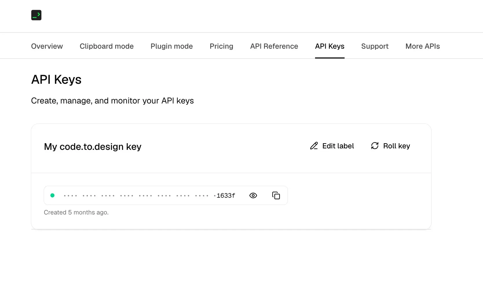 Screenshot of the code.to.design API dashboard.