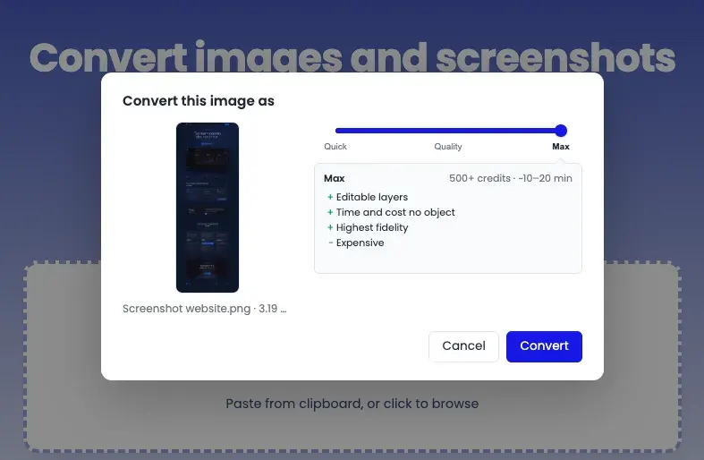 The image.to.design quality slider showing the three tiers — Quick, Quality, and Max — with credit cost and processing time for each.