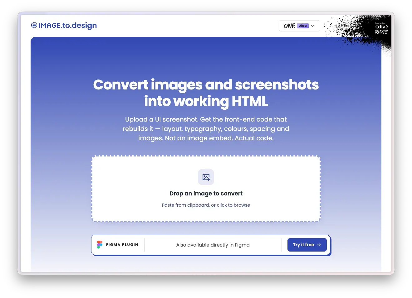 The image.to.design upload interface showing the drag-and-drop area with the Paste from clipboard or click to browse label.