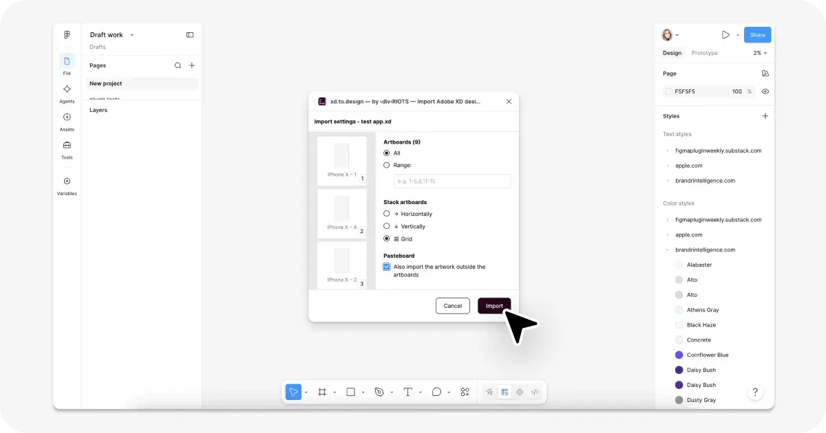 xd.to.design plugin window with an .xd file selected