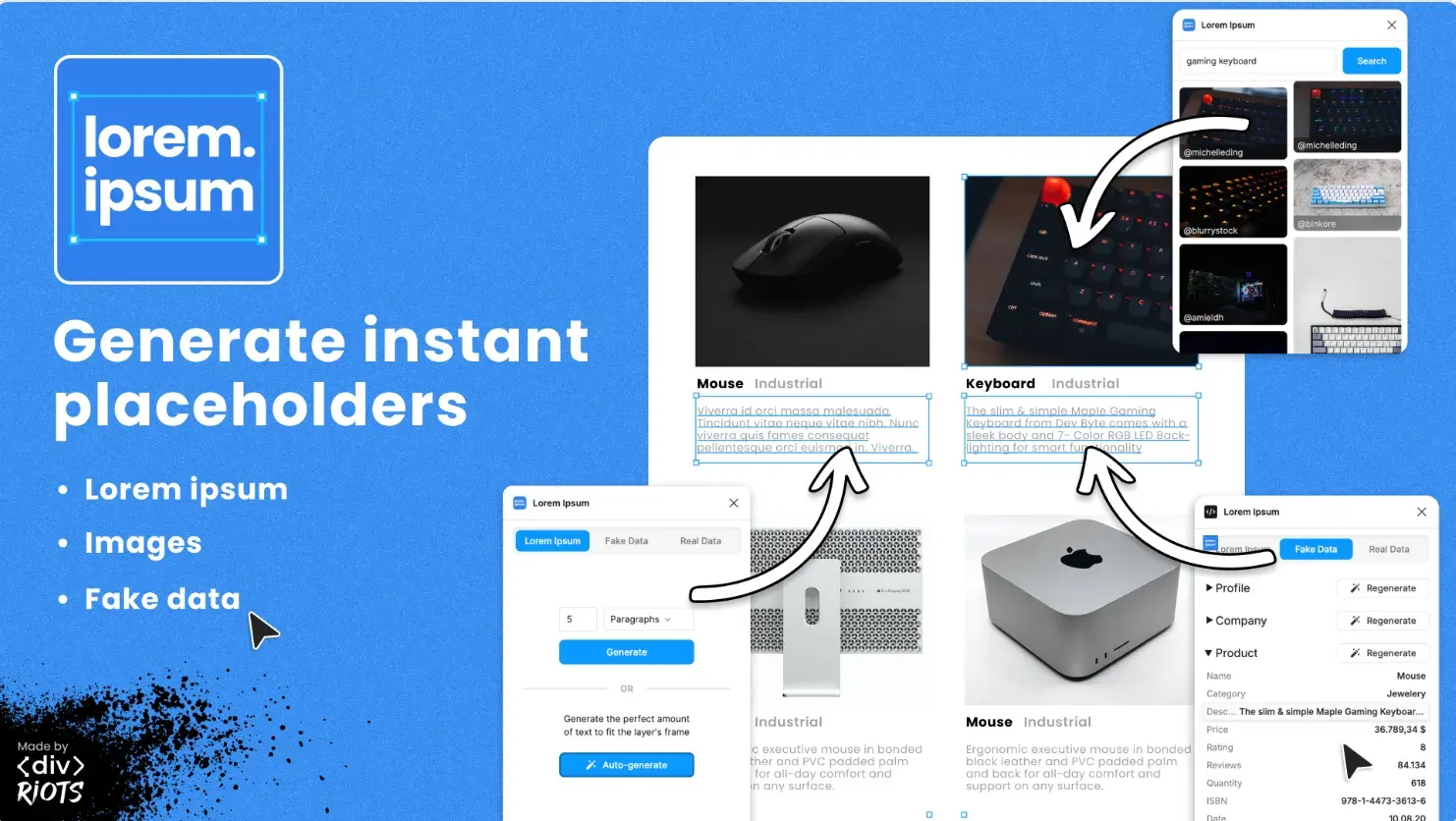 Screenshots of the Lorem Ipsum Figma plugin and the title Generate instant placeholders.