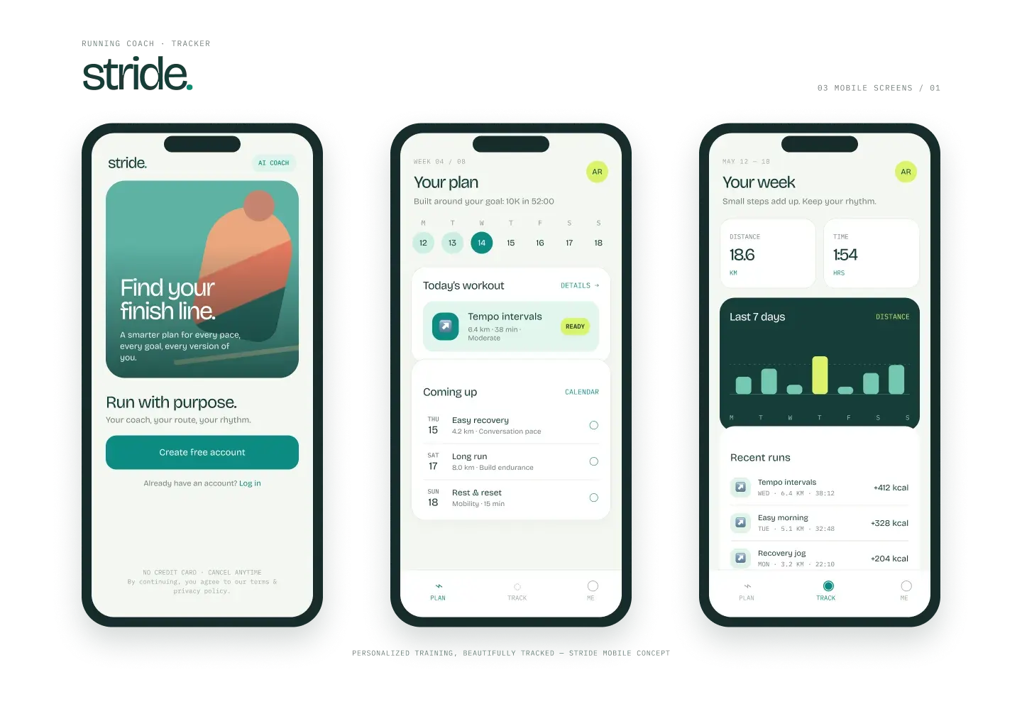 Luna's three Stride screens — welcome, plan, tracking.