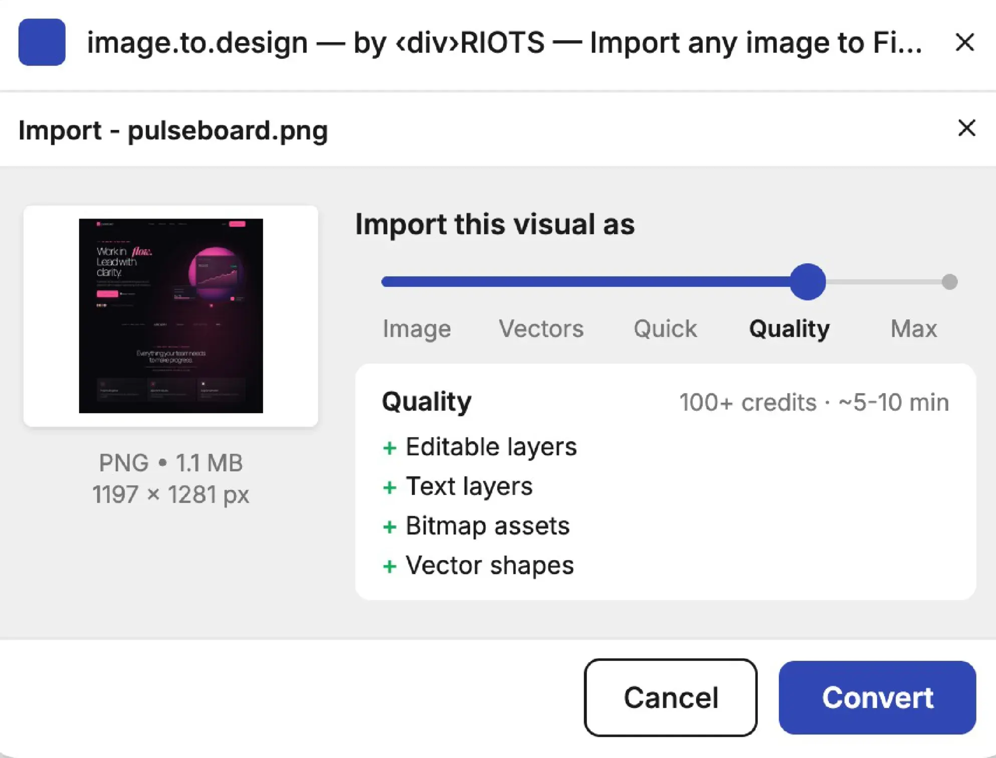 The image.to.design Figma plugin importing a screenshot as editable Quality layers, with a Convert button.