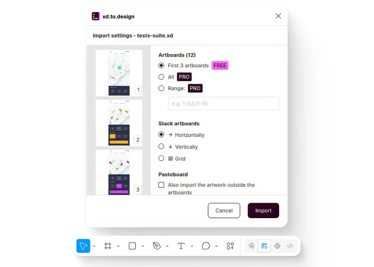The xd.to.design plugin's import dialog in Figma: pick artboards, stacking and pasteboard options, then Import.