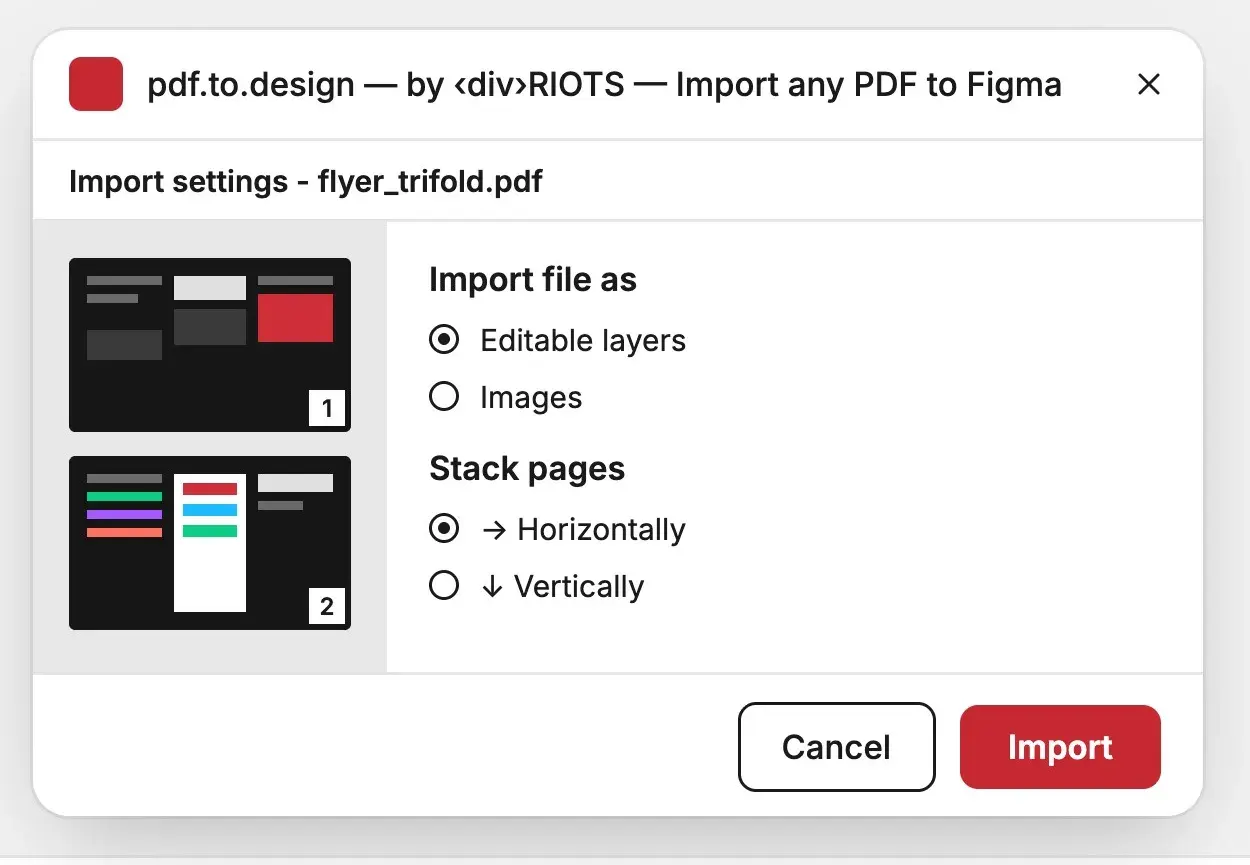 The pdf.to.design plugin import dialog inside Figma.