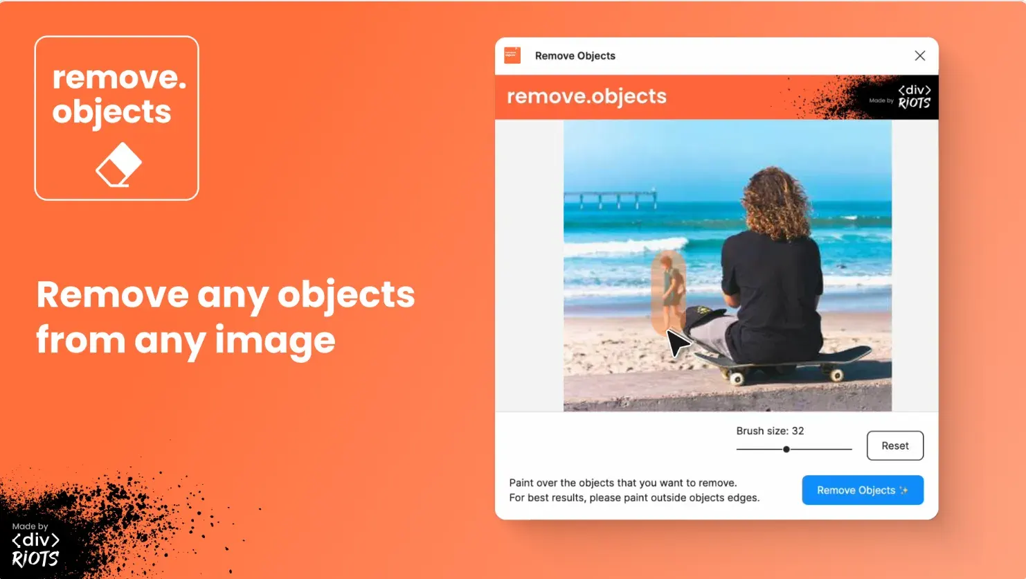 Screenshot of the Remove Objects Figma plugin and an image with one of its elements eliminated by the plugin.