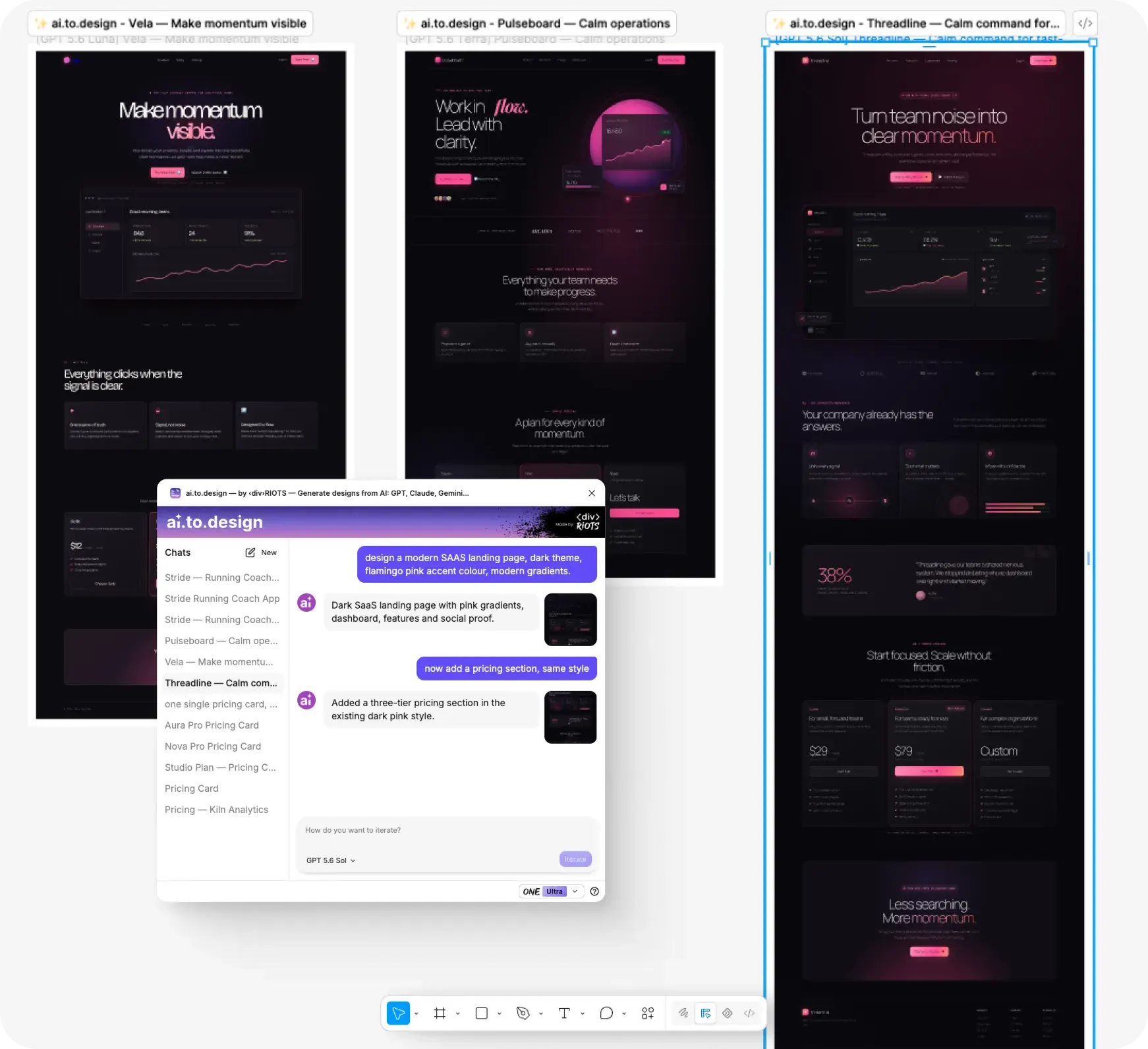 Side-by-side of all three SaaS outputs on a Figma canvas — Sol (Threadline), Terra (Pulseboard), Luna (Vela).