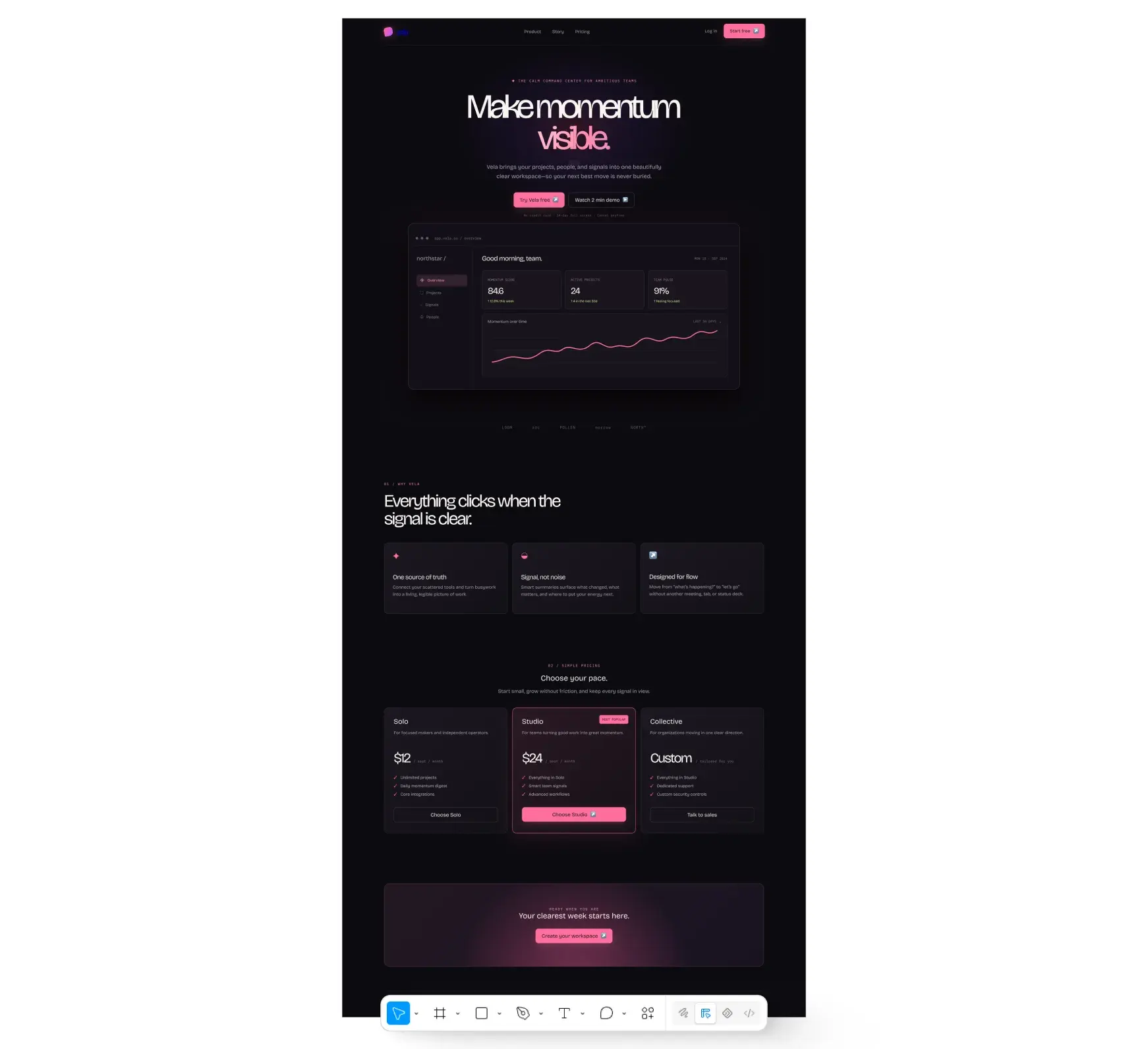 Luna's full Vela landing page.