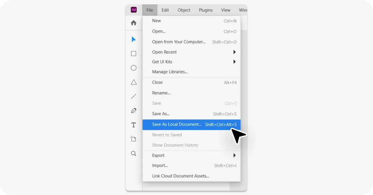 Screenshot of how to save an XD file as a local document.