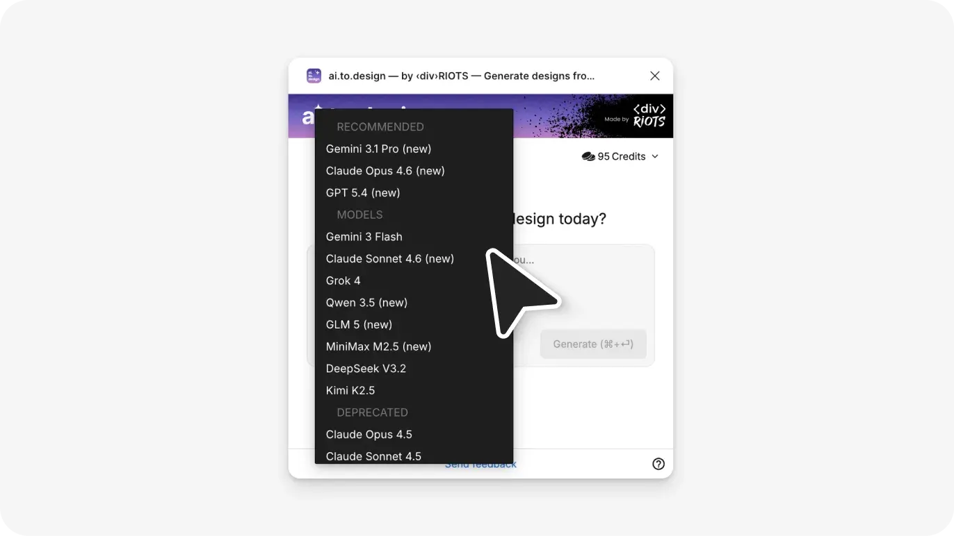 Image of ai.to.design model selection panel showing the list of supported AI providers