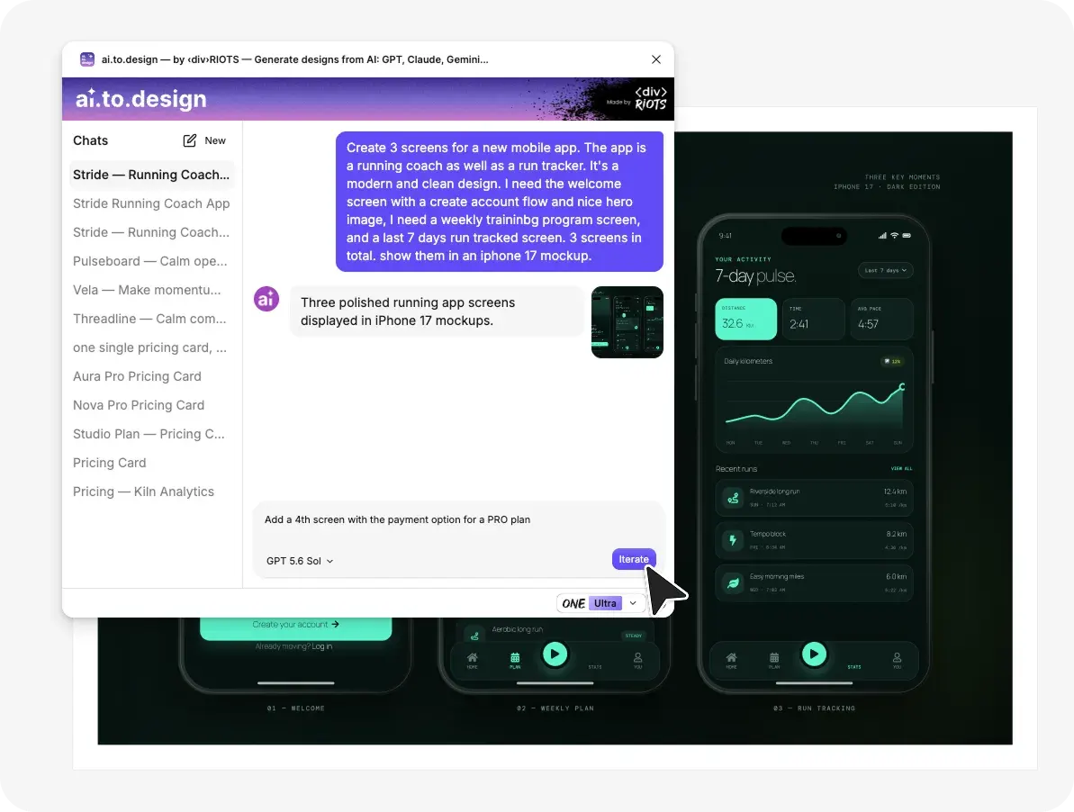 Iterating on the Stride running coach screens inside ai.to.design in Figma.