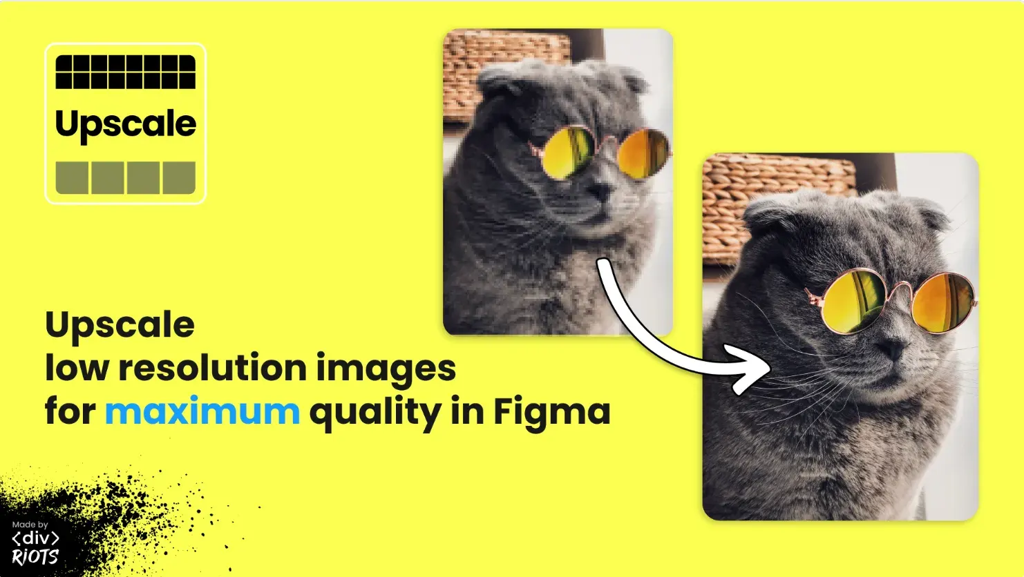 An image of a cat with sunglasses of poor quality and pixelated, and an arrow pointing into the same image but of high resolution.