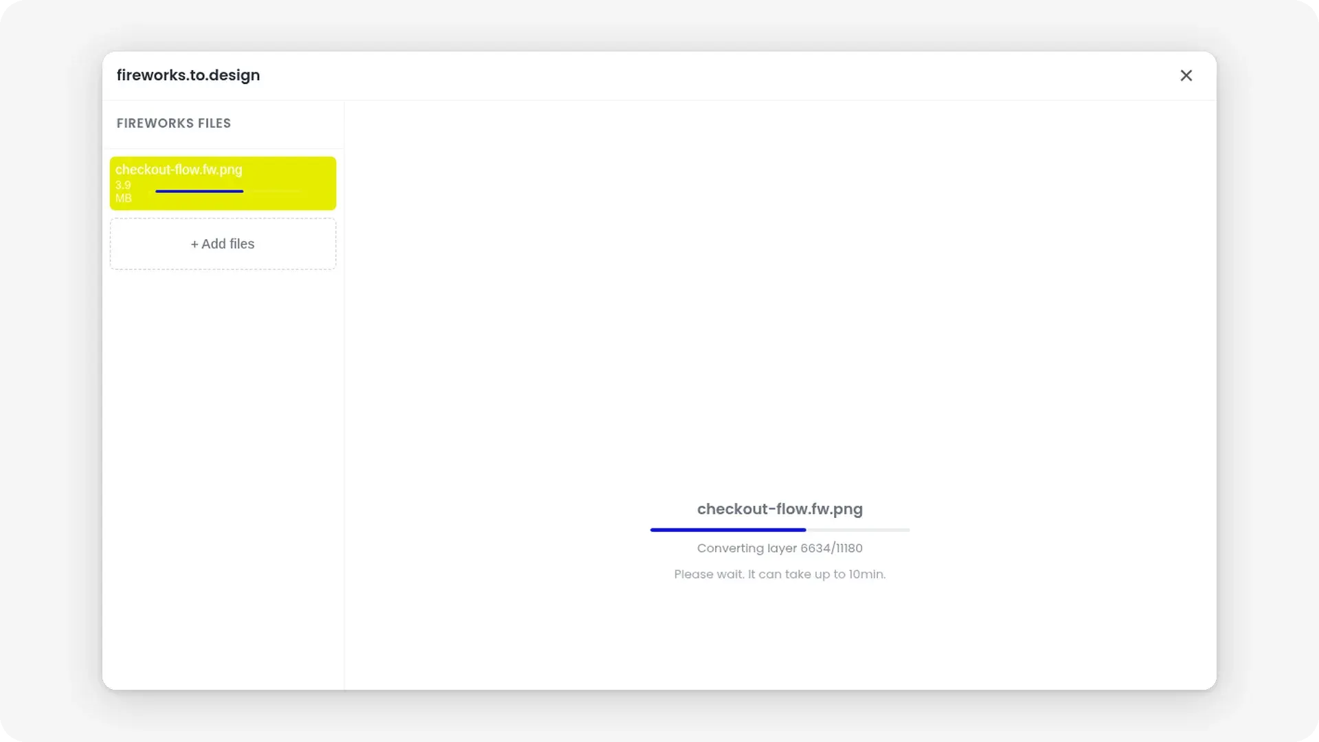 The web app converting checkout-flow.fw.png, with a progress bar reading "Converting layer 6634/11180".