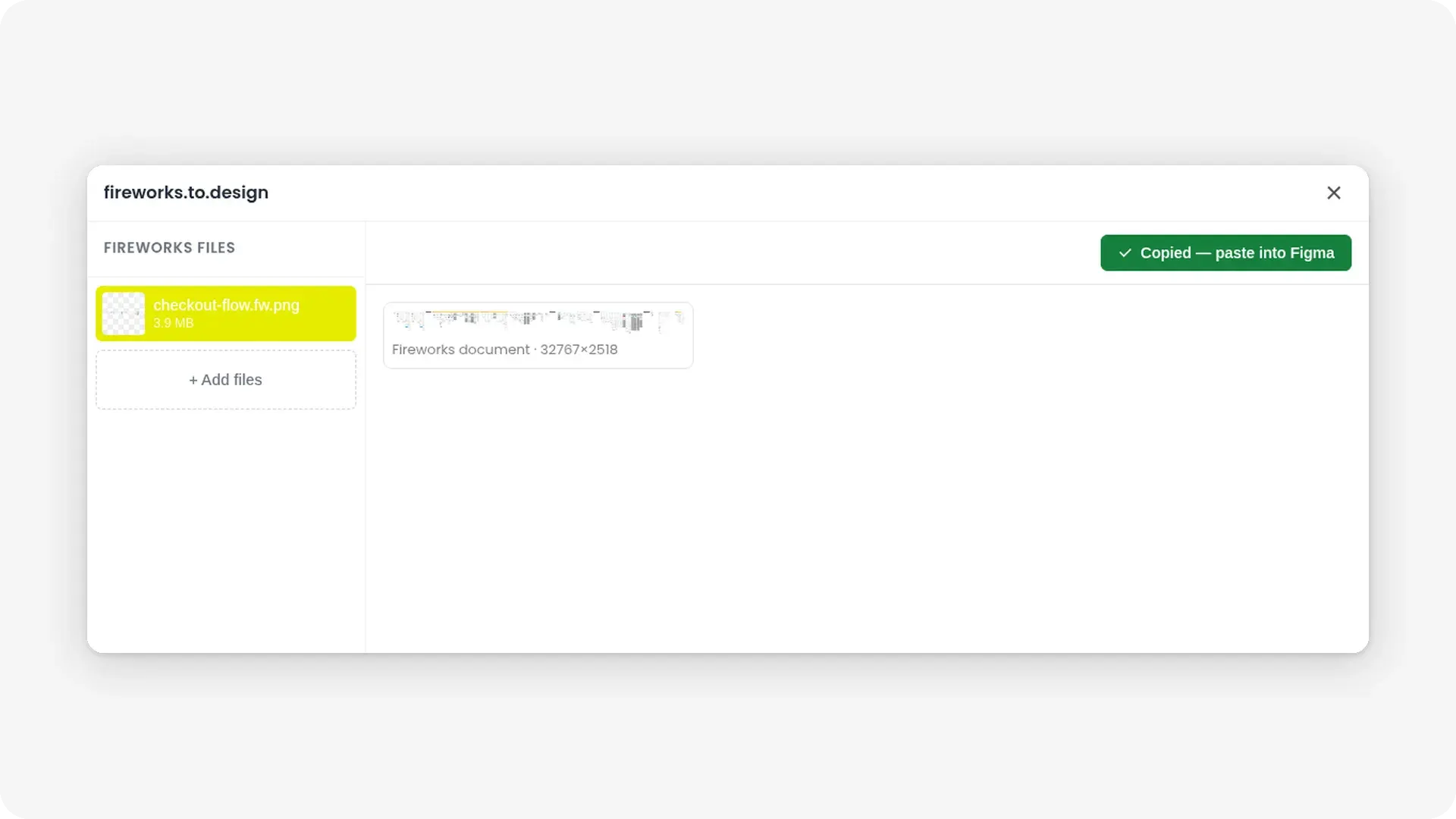 The web app after copying, with the button reading "Copied — paste into Figma".