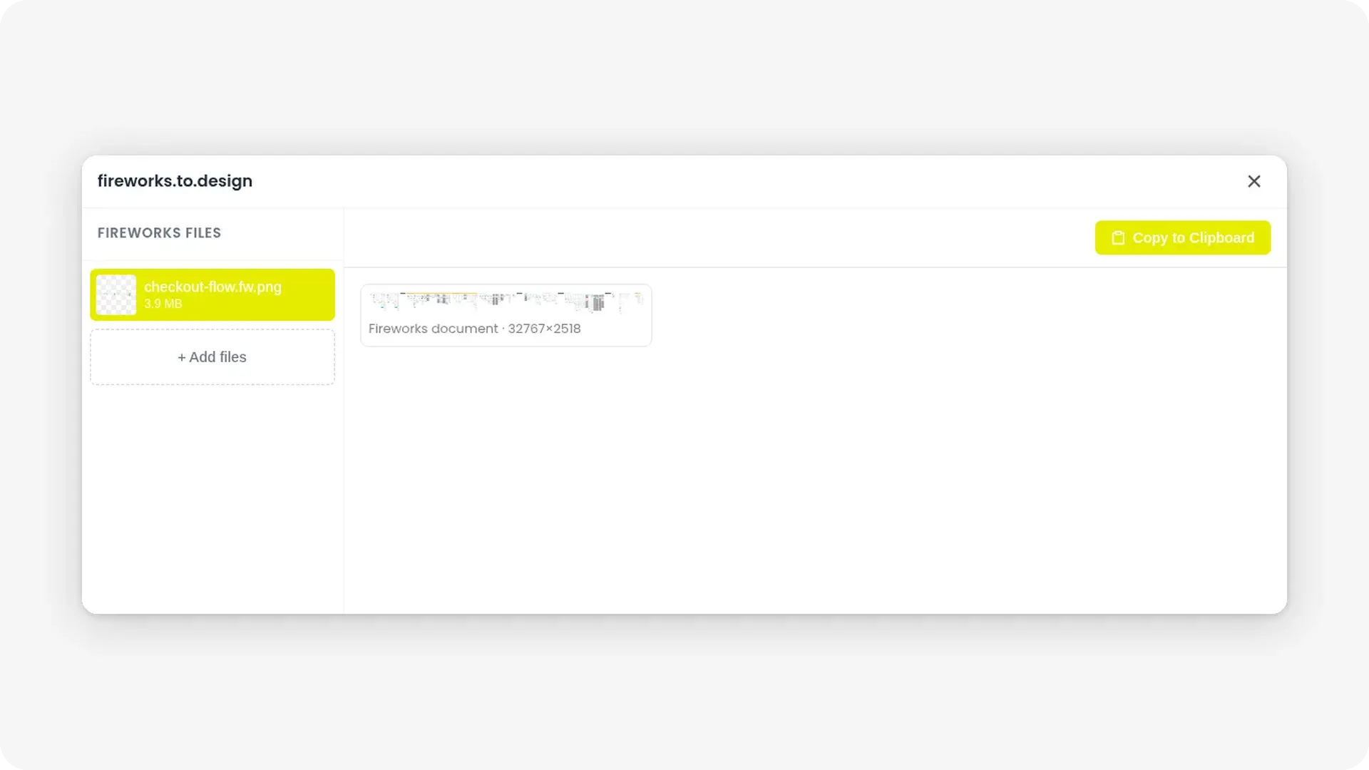 The converted Fireworks document in the web app, with the Copy to Clipboard button.