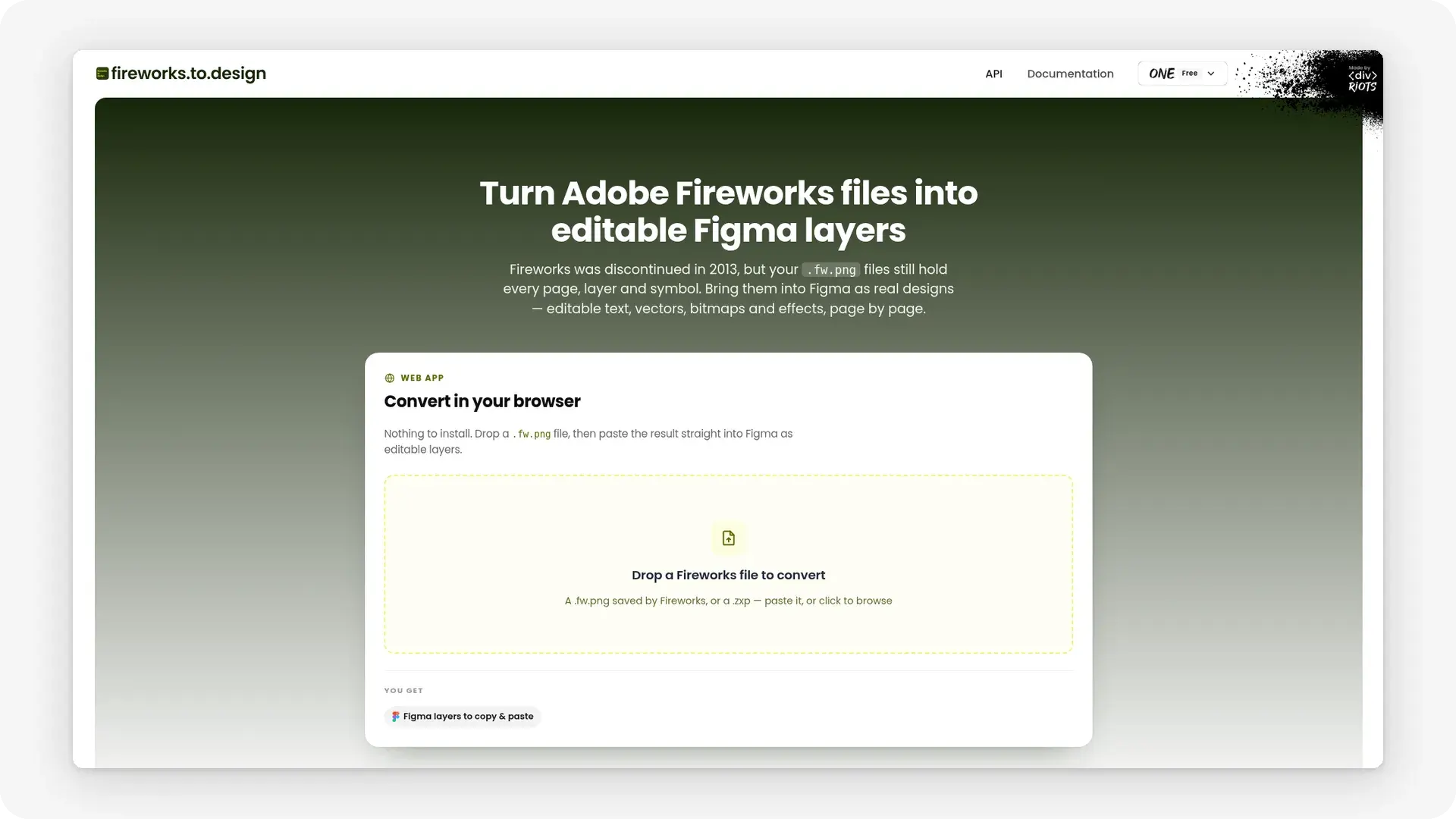 The fireworks.to.design web app home screen, with its "Drop a Fireworks file to convert" area.
