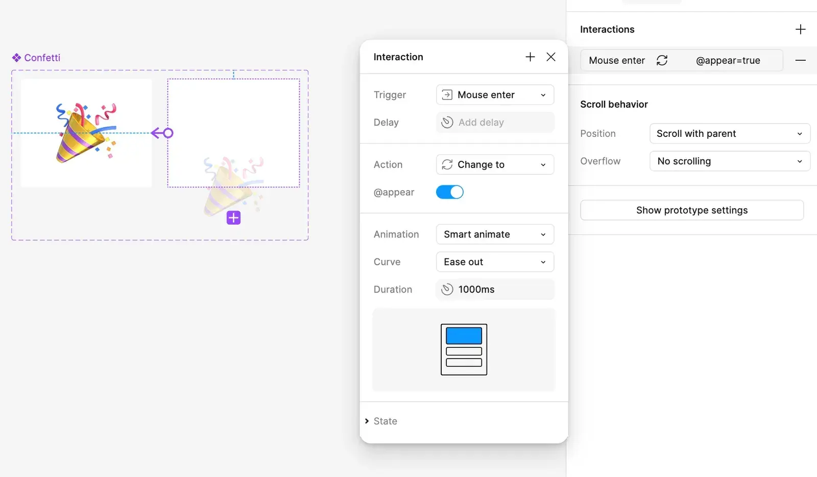 A Mouse enter interaction on the @appear=false variant: Change to @appear=true, Smart animate, Ease out, 1000 ms.