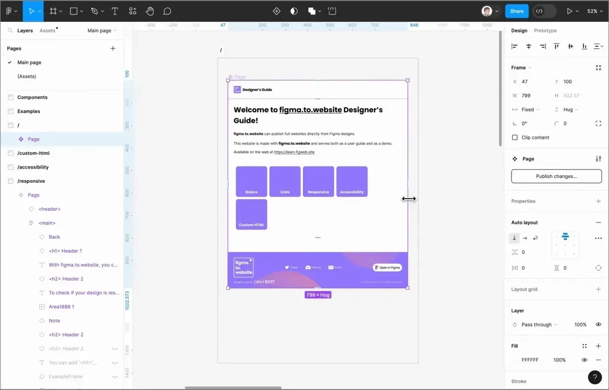 Resizing a page frame with auto layout in Figma: its content reflows to the new width.