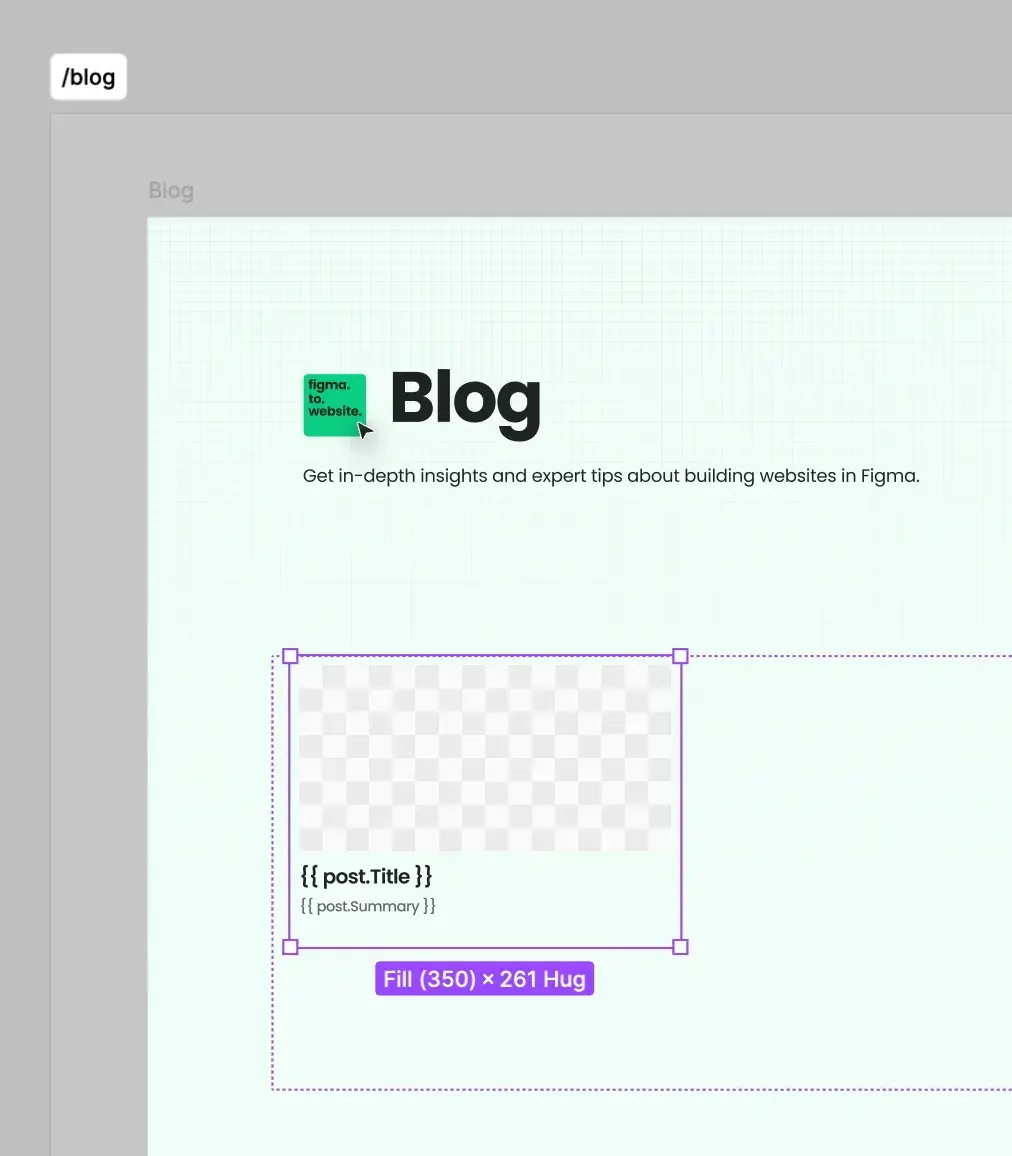 A /blog page design with one blog card: an image placeholder and texts templated with the post’s Title and Summary.