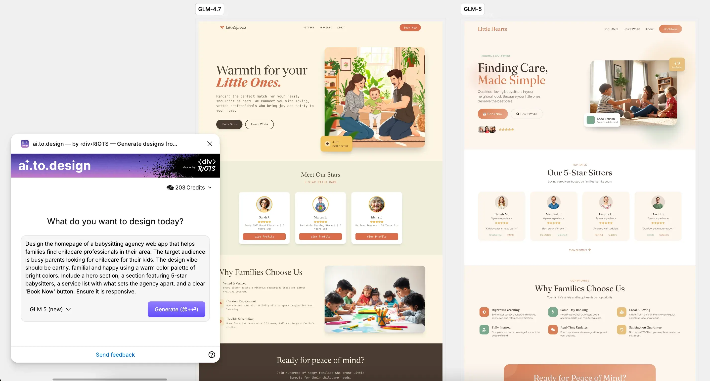 Screenshot of comparison of designs made with GLM-5 and GLM-4.7.