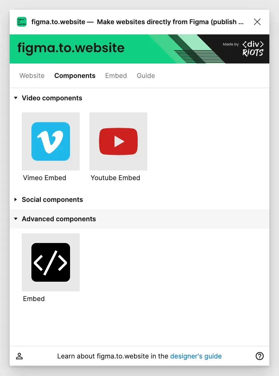 The plugin’s Components tab: Vimeo and YouTube embeds under Video components, and the Embed component under Advanced components.
