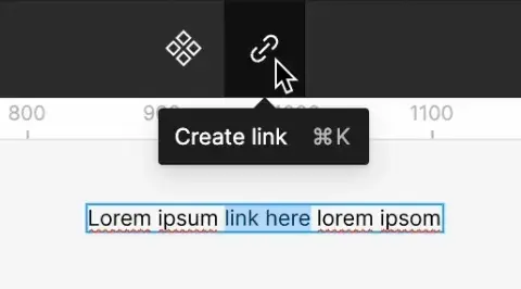 Figma’s “Create link” button, with part of a text selected on the canvas.