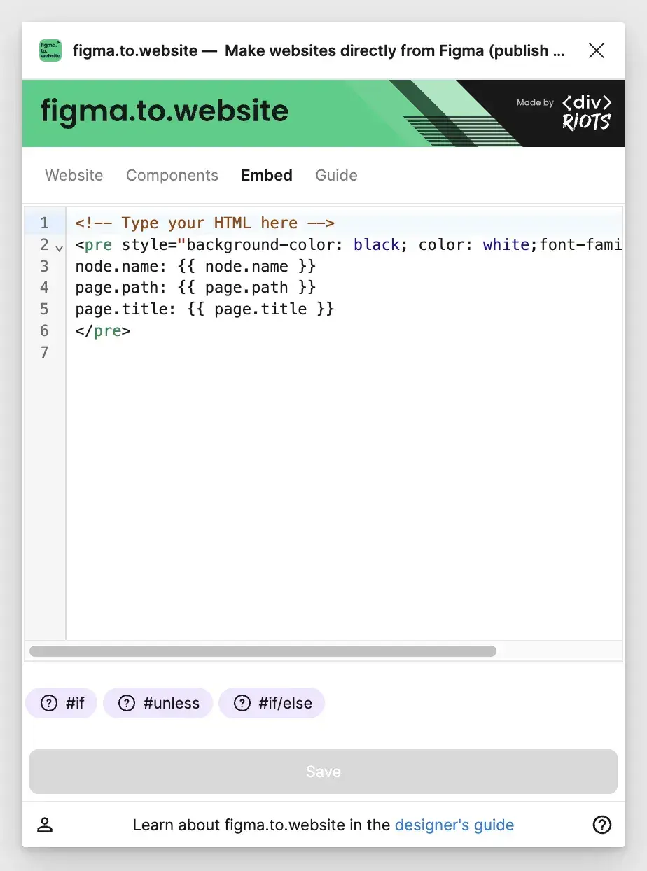 The plugin’s Embed tab: a code editor with the embed’s HTML, which can use template values such as the layer name and the page path.