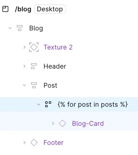 The layers panel: a parent layer named with a for loop over posts, holding the Blog-Card component.