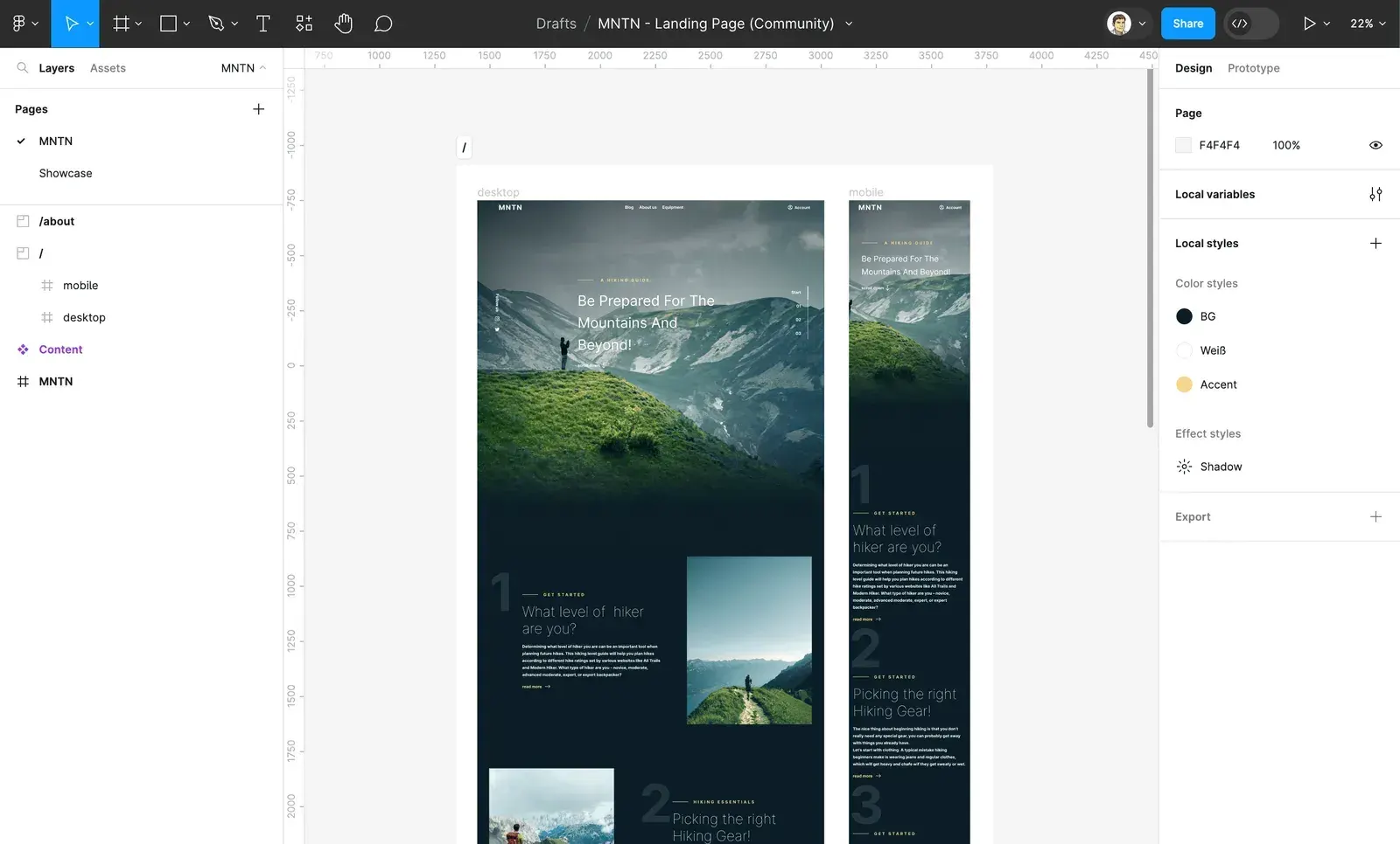 A page section holding a desktop frame and a narrower mobile frame of the same landing page.