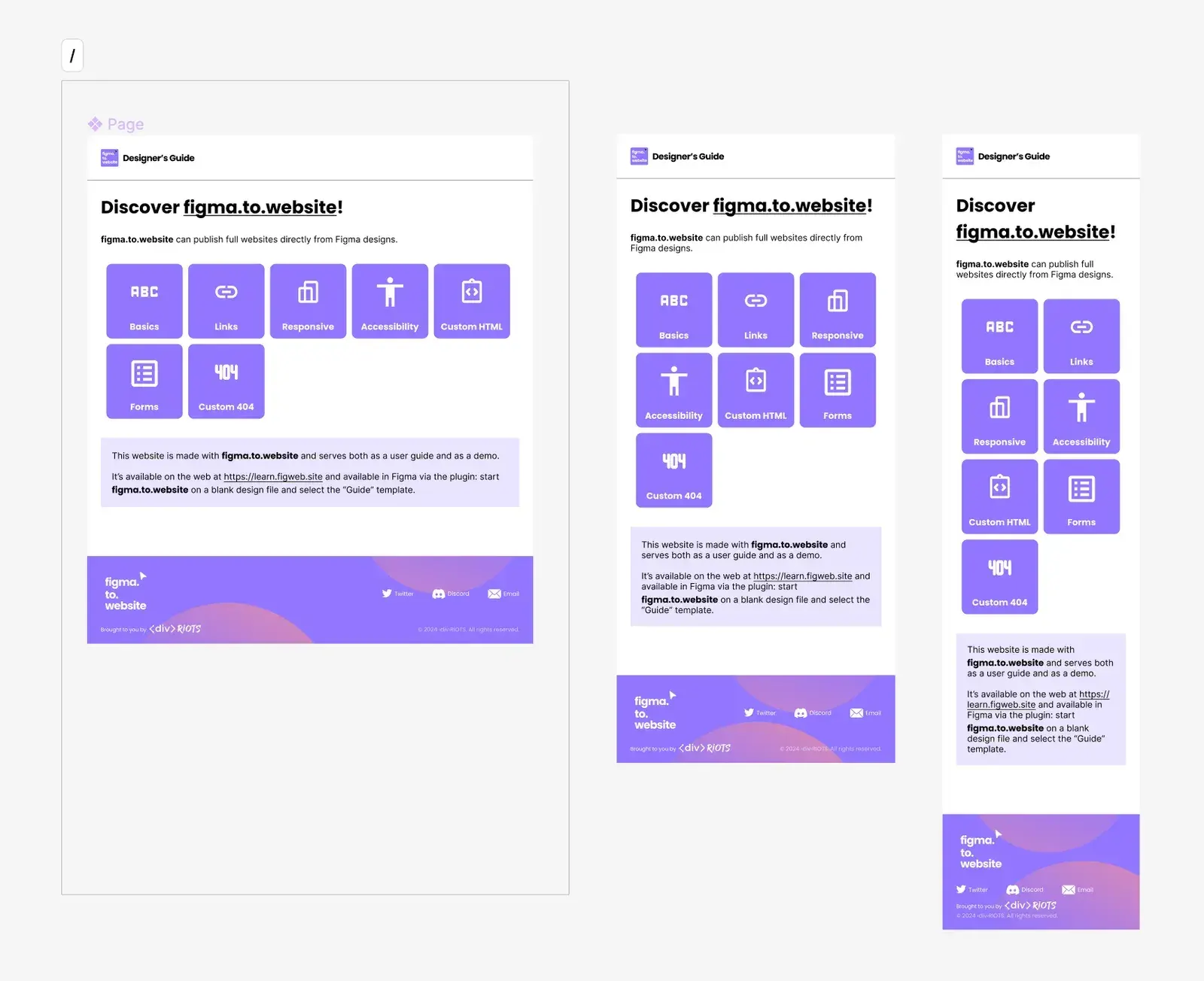 The Designer’s Guide home page as one component, with instances at desktop, tablet and phone sizes side by side.