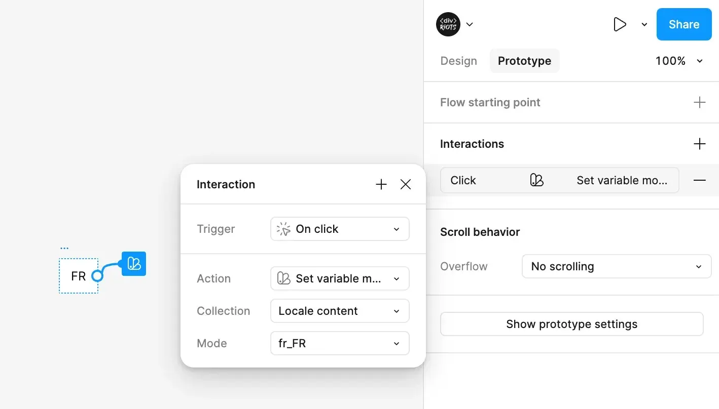 An “FR” button with an On click → Set variable mode interaction, collection Locale content, French mode selected.
