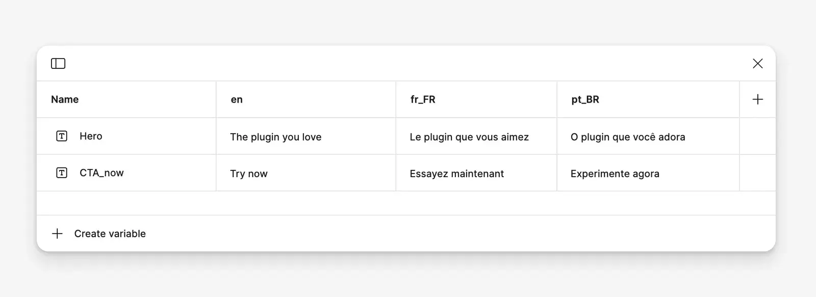 A variable collection with English, French and Brazilian Portuguese modes, translating the Hero and CTA_now texts.