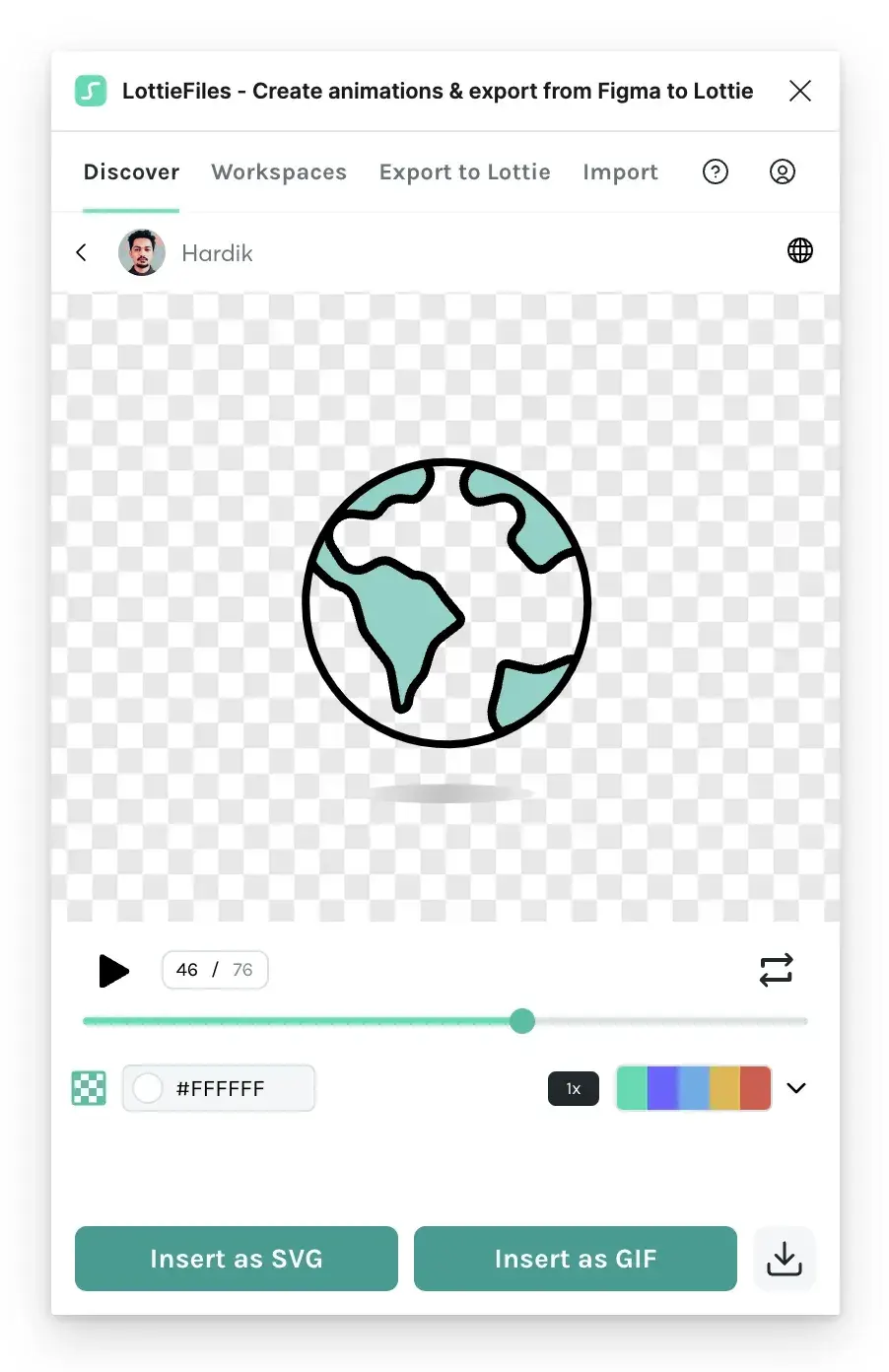 The LottieFiles Figma plugin showing a Lottie animation of a globe, with the Insert as SVG and Insert as GIF buttons.
