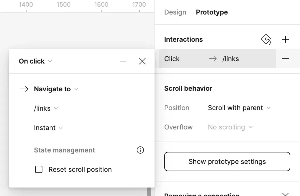 An On click → Navigate to interaction targeting the /links page, with an Instant transition.