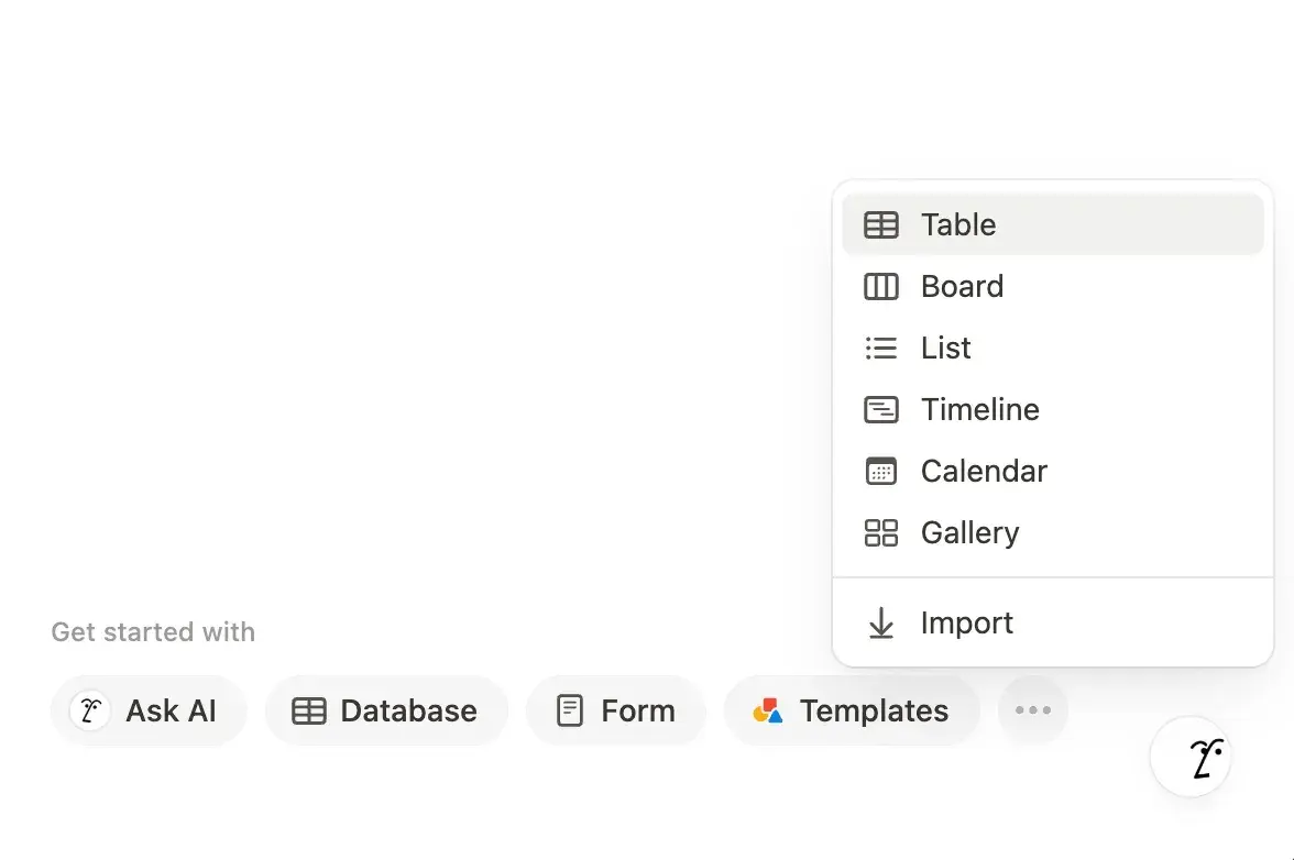 Notion’s “Get started with” menu, with Table selected.